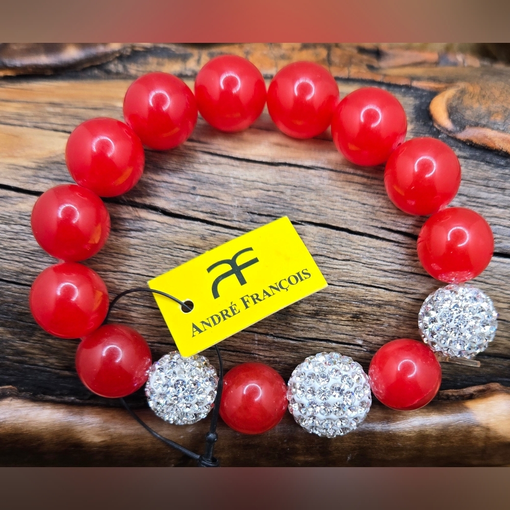 André François Stretch Bracelet Cherry Quartz & Shamballa (w/Swarovski Crystals)